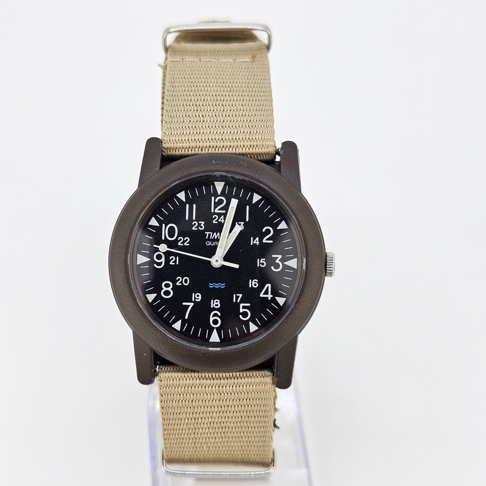 2011 Timex Camper Men Field Watch 34MM Black Dial New Tan Canvas Band NewBattery